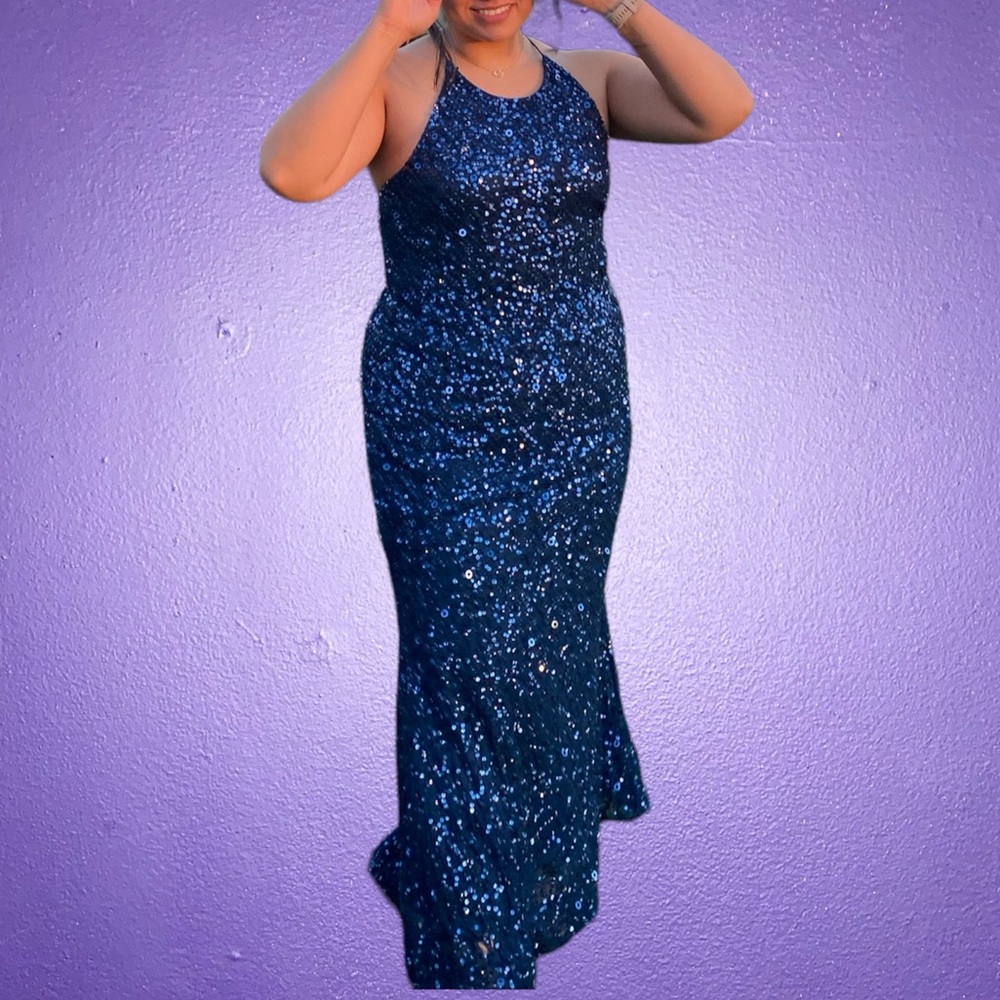 Adrianna Papell navy blue maxi sequin mermaid dress.